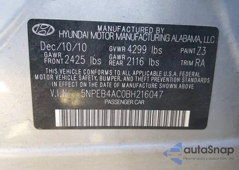 2011 Hyundai Sonata Gls from USA, damaged, VIN 5NPEB4AC0BH216047